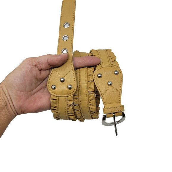 Vintage 80's Coldwater Creek Leather Belt M Mustard Tan Pleated Ruffle Cottageco - Picture 10 of 10